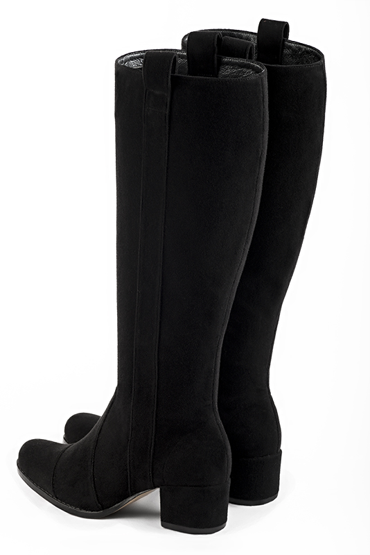Custom-made women's matt black elegant riding knee-high boots. Round toe. Low block heels - Rear view